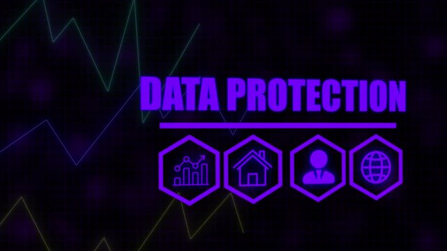 Data Protection business concept on a flashing computer monitor with moving graphs and data. Growing market trend concept. a digital candlestick financial market chart bars. Trading and investment