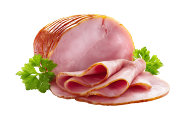 freshly sliced and artisanal cured ham and deli meats garnished with fresh parsley and other savory herbs isolated on a transparent background