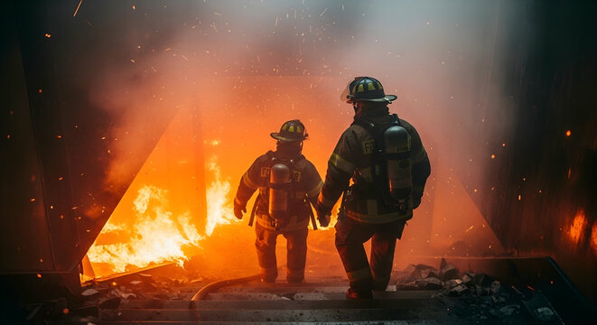 Firefighters Navigating Intense Flames and Smoke During Emergency Rescue Operation in Urban Setting