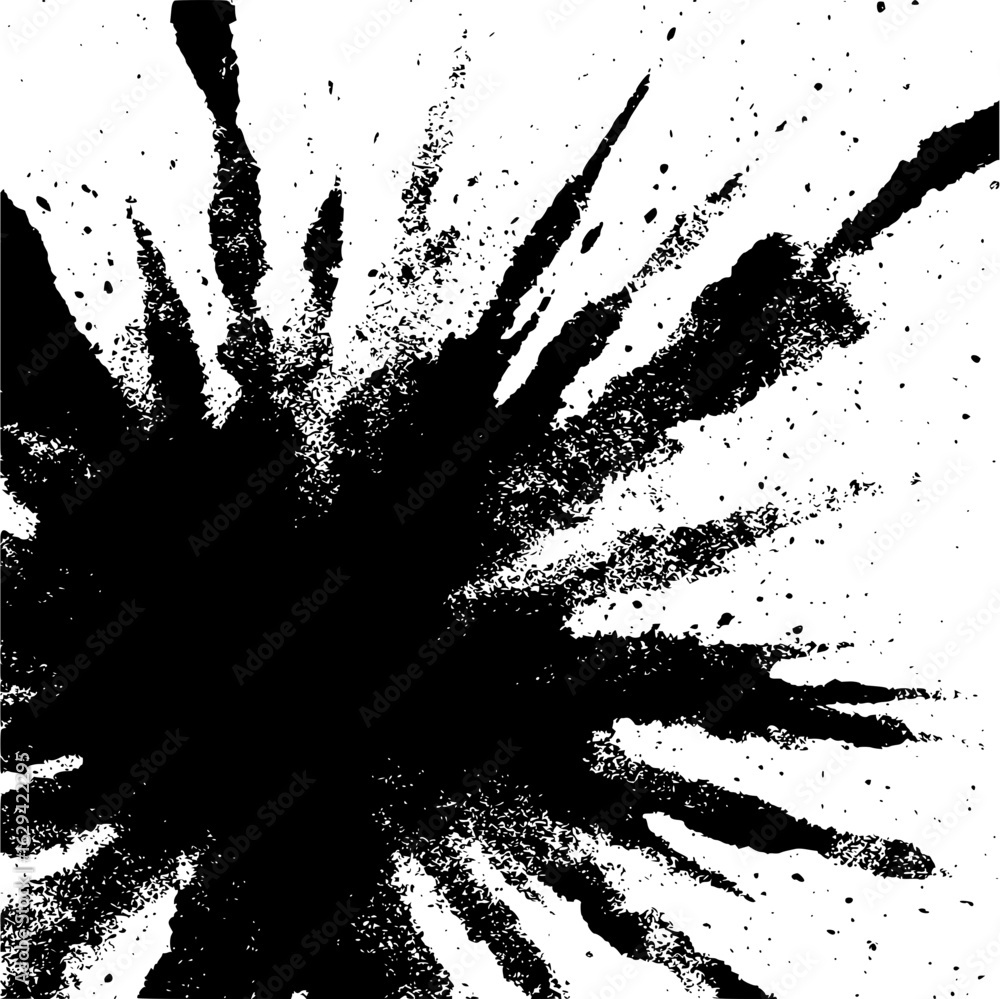 Poster black and white abstract image featuring a central burst with radiating lines and splatters design e
