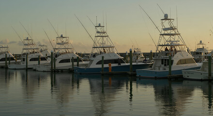 Dramatic Sunset Over Marina with Multiple Yachts Docked Along Calm Waters at Harbor