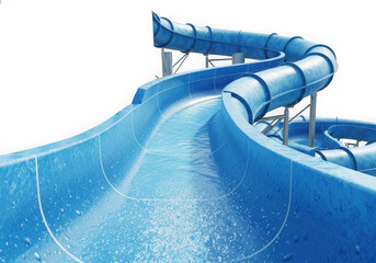A long blue waterslide curves and spirals down for summer fun at a waterpark on a sunny day isolated on transparent background