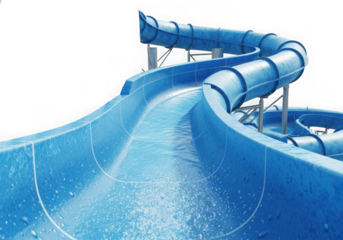 A long blue waterslide curves and spirals down for summer fun at a waterpark on a sunny day isolated on transparent background