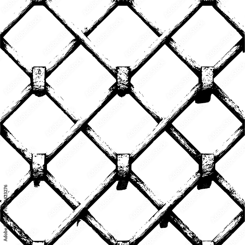 Poster a detailed black and white image showcasing a rustic metal fence with a square diamond pattern desig