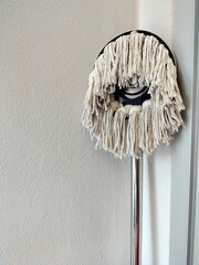 Mop with an off-white, slightly worn mop head attached to a silver metal handle. It is leaning...