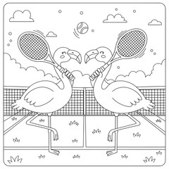 Two flamingos playing tennis line art illustration, cute animal sports concept for coloring pages and educational creative projects