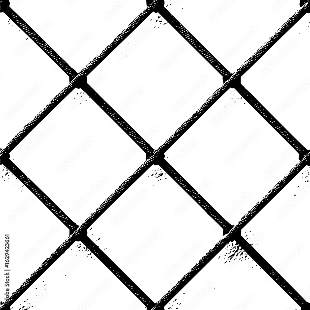 Poster close up view of a chain link fence with a diamond pattern and a white background in black and white