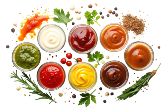 Spots and splashes of sauces isolated on white background top view
