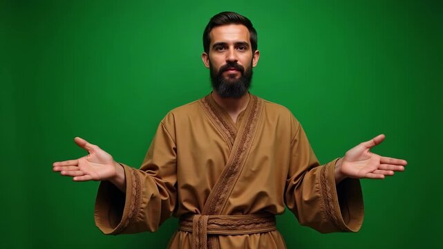 Barnabas in early Christian attire with open arms on green screen, delivering a powerful message of faith and hope in 4k video.