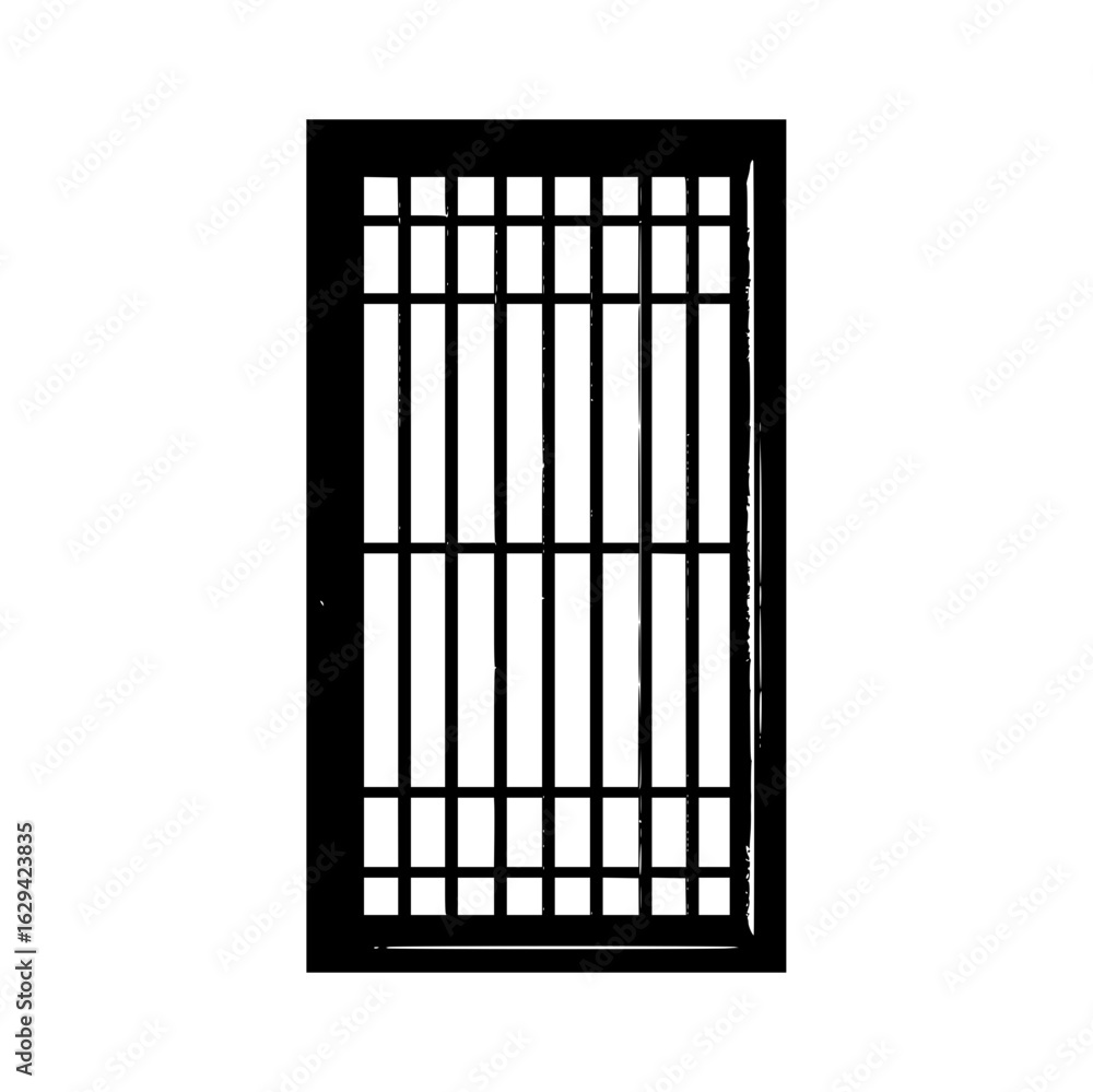 Poster illustration of a rectangular black window frame with multiple vertical and horizontal bars forming 