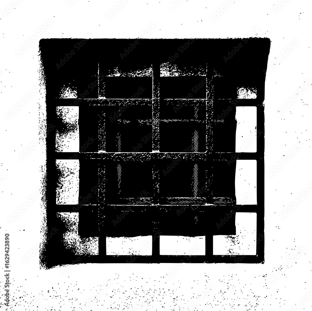 Aufkleber a stark black and white image of a barred window set within a textured wall creating a somber atmosp