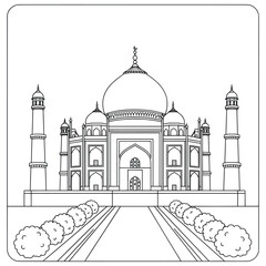 Elegant black and white line art illustration of the Taj Mahal with detailed architecture, domes, and pathways. Perfect for coloring books, printable art, and cultural designs