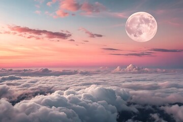 Serene full moon illuminates a vast expanse of soft fluffy clouds at sunset with vibrant pink and orange hues in the sky above
