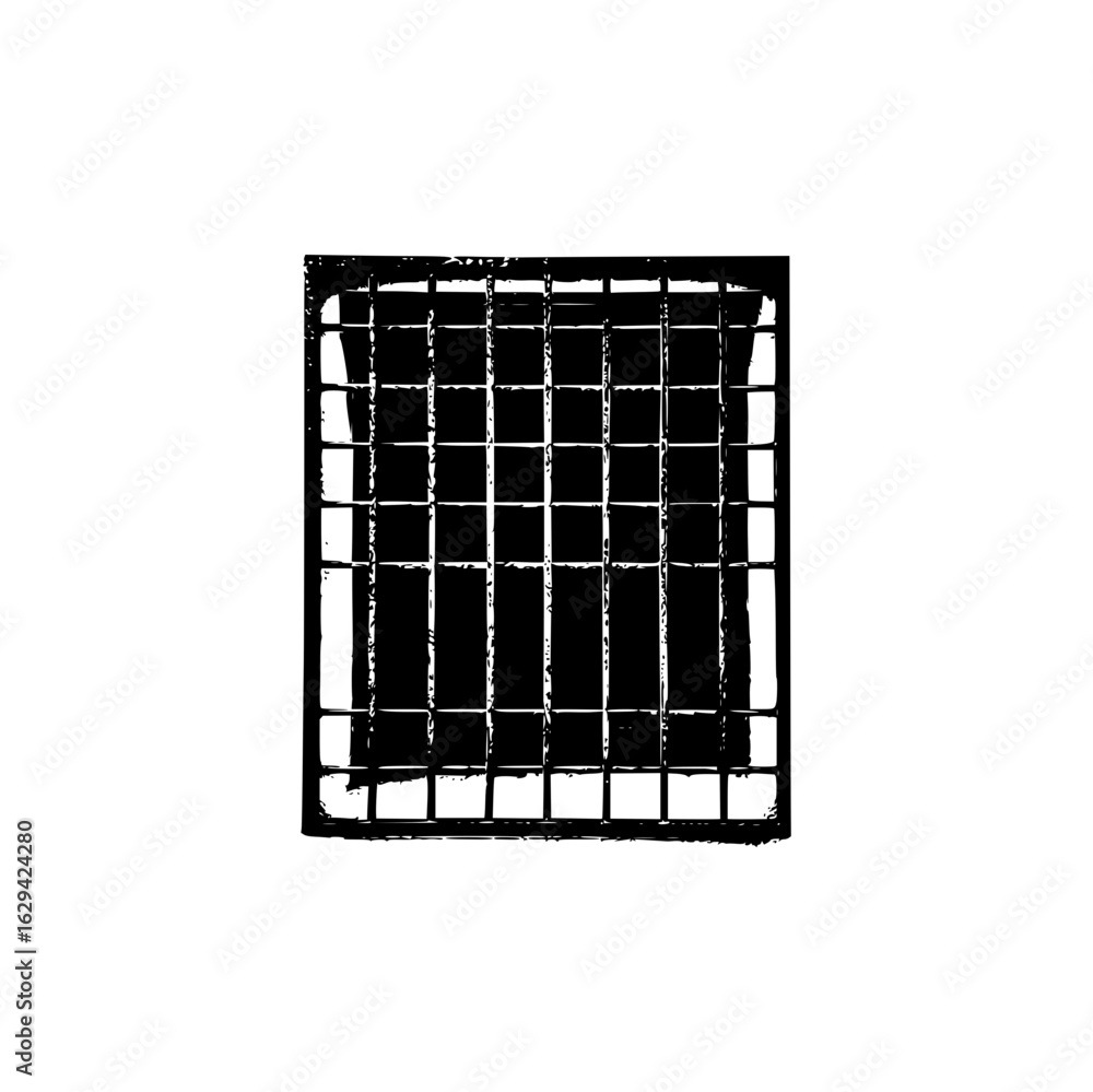 Poster illustration of a distressed square grid pattern with thick black lines and white background design 
