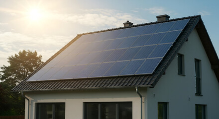 Fototapeta premium Modern House with Solar Panels on Roof Harnessing Renewable Energy from Sunlight in Bright Outdoor Setting