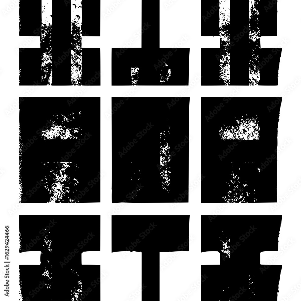 Poster nine black and white squares arranged in a grid pattern with abstract geometric shapes and textures 