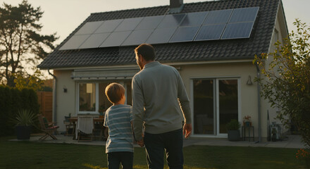Father and Son Walking Hand in Hand Towards Solar Panel House at Sunset in Peaceful Suburban Neighborhood