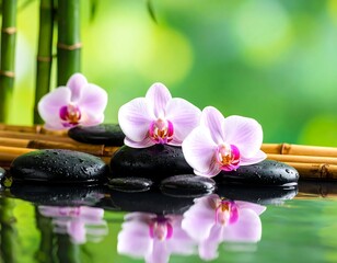 Peaceful spa scene with orchids and stones