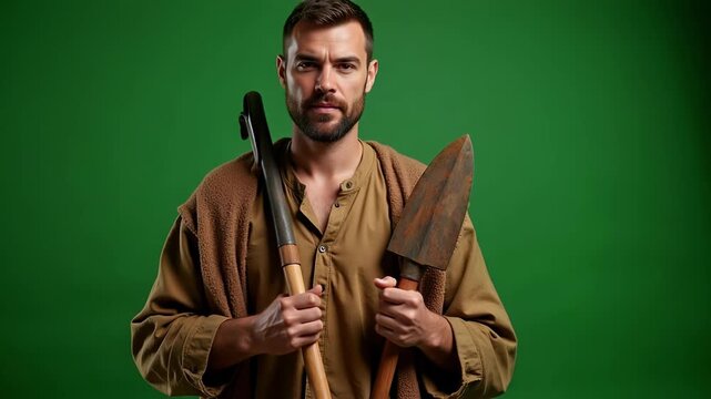 Close-up portrait of Cain, a farmer, holding farming tools on a green screen, perfect for agricultural projects and commercial use