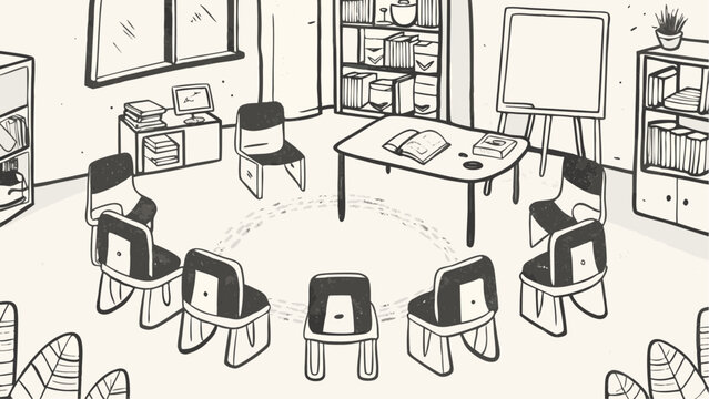 Illustration of a classroom with chairs in a circle around a table and whiteboard setup and bookshelves
