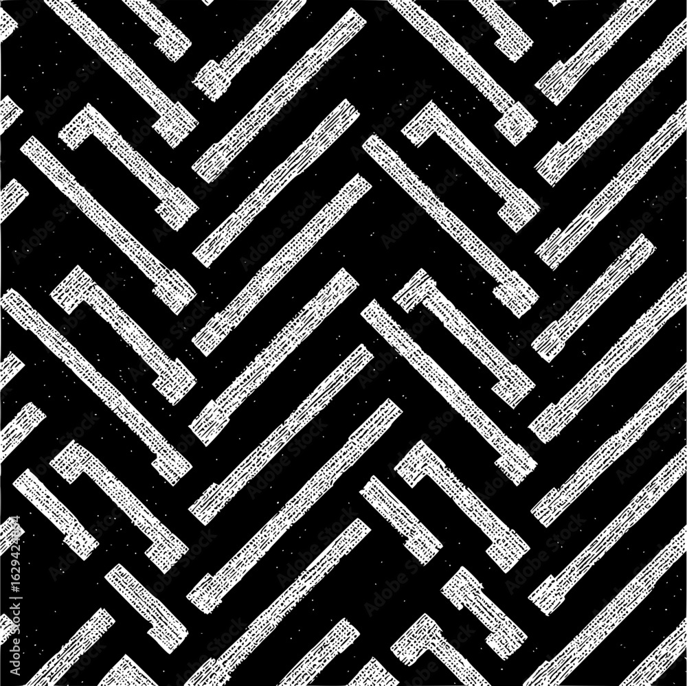Poster repeating white block pattern on black background forming a diagonal herringbone arrangement design 