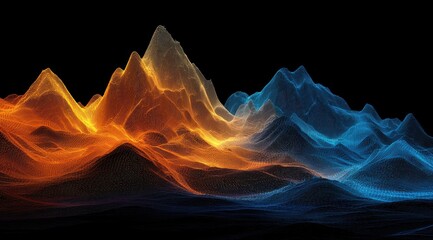Abstract mountain range, glowing orange and blue, with wireframe texture