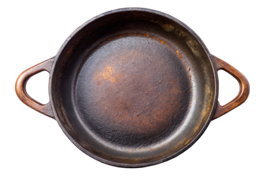 Old cast iron pan isolated on white background top view
