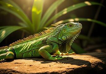 Obraz premium Photorealistic green iguana basking on sunlit rock in tropical jungle, detailed textured scales, warm lighting, and leafy background