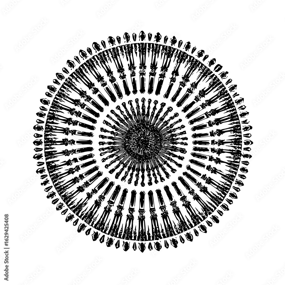 Poster a circular pattern with radiating lines and dots creating a complex symmetrical design in black and 