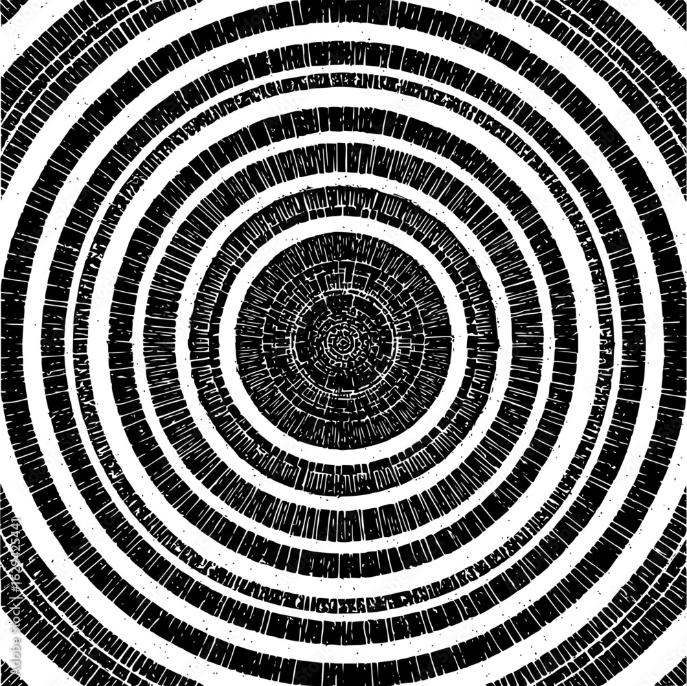 Poster concentric circles pattern with black and white alternating bands creating a spiral effect design