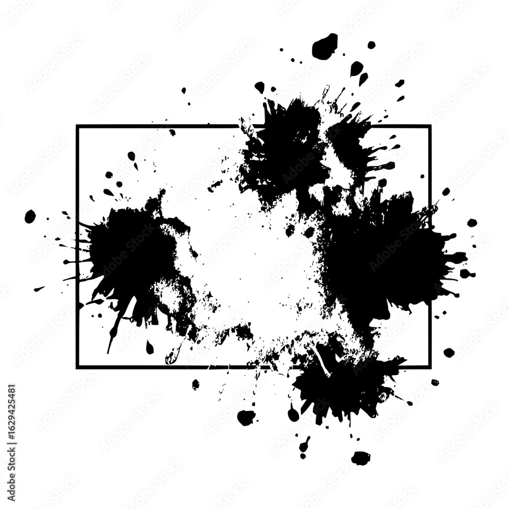 Aufkleber black ink splatters within a rectangular frame creating an abstract artistic visual element on white