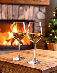 Two glasses of white wine sit on a wooden table in front of a fireplace