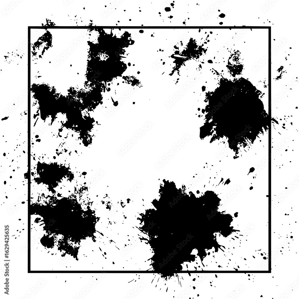Aufkleber square frame containing black ink splatters and drops on a white background creating an abstract des