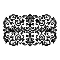 Ornate black and white floral flourish design with symmetrical leaf and scroll elements arranged horizontally