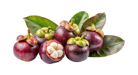 A vibrant collection of mangosteen fruits showcasing both exterior and interior details