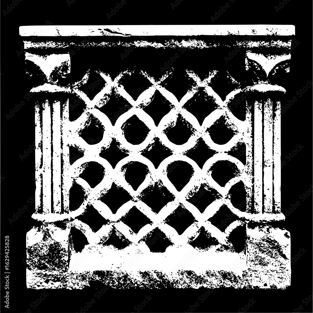 Poster detailed monochrome image of an ornate stone lattice window with fluted columns and architectural de