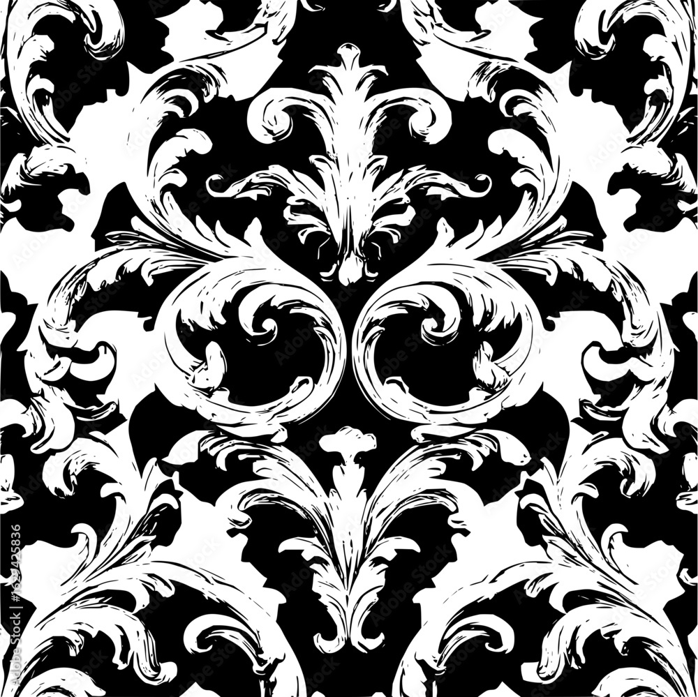 Poster ornate baroque pattern with repeating white floral motifs on a black background creating a symmetric