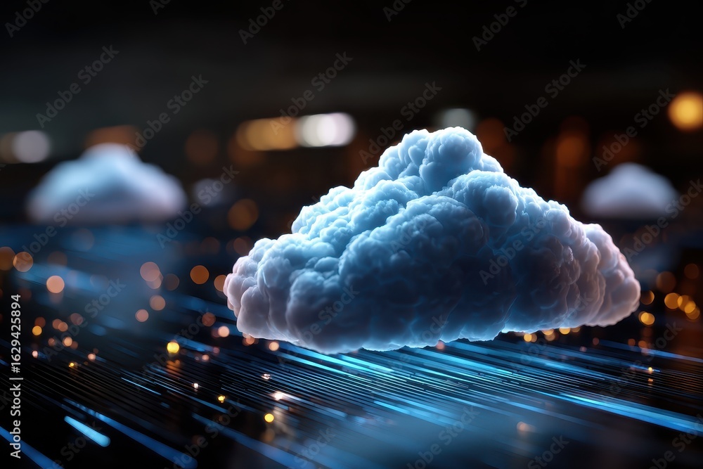 Poster cloud computing concept illustration depicting data transfer through virtual clouds in a digital env