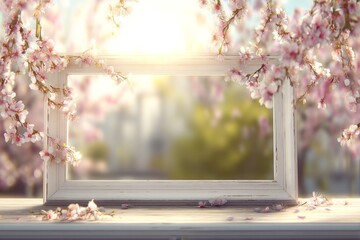 A gray concrete surface serves as the backdrop for an empty gold photo frame adorned with pink cherry blossoms, set against a blurred garden scene with warm sunset bokeh lights