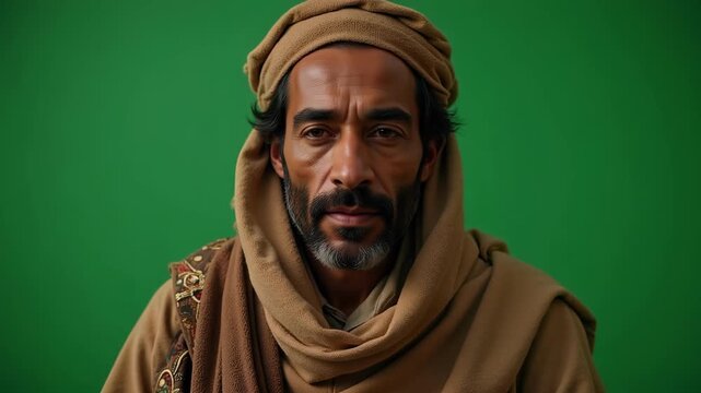 Close up portrait of Ishmael in nomadic attire with headscarf, evoking historical biblical narratives and Middle Eastern culture, perfect for storytelling