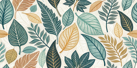 Elegant botanical pattern featuring textured leaves in teal, gold, and rust hues, perfect for sophisticated designs