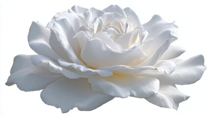 Delicate layered petals of a pure white rose are beautifully showcased in elegant floral macro photography, with a clean background that accentuates the soft texture and refined curves of the bloom,