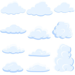 Set of cute cartoon vector clouds in blue and white tones, perfect for weather icons, sky backgrounds, kids illustration, or seamless patterns.