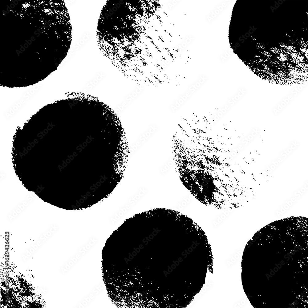 Poster black and white seamless pattern featuring various textured circles scattered across the white backg