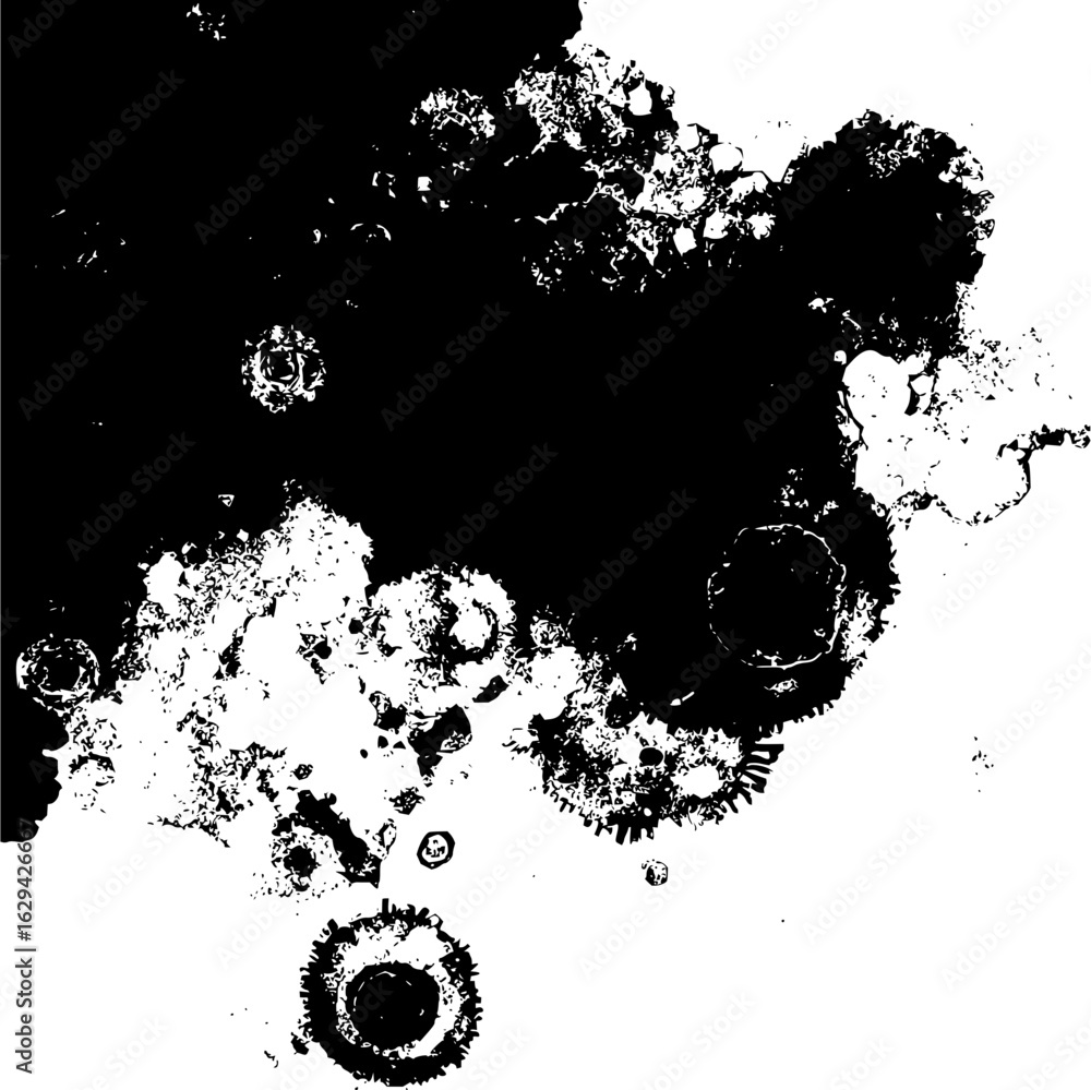 Poster abstract black and white design featuring circular shapes and textured areas with varying densities 