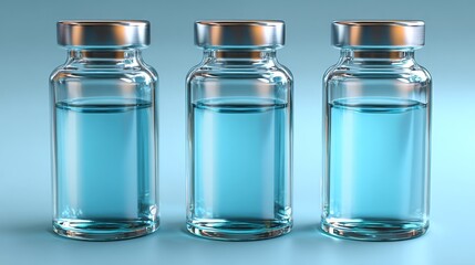 Medical glass vials capped with aluminum on a light blue background form a clean and minimalist pharmaceutical composition, complete with copy space for designing vaccines and medicines
