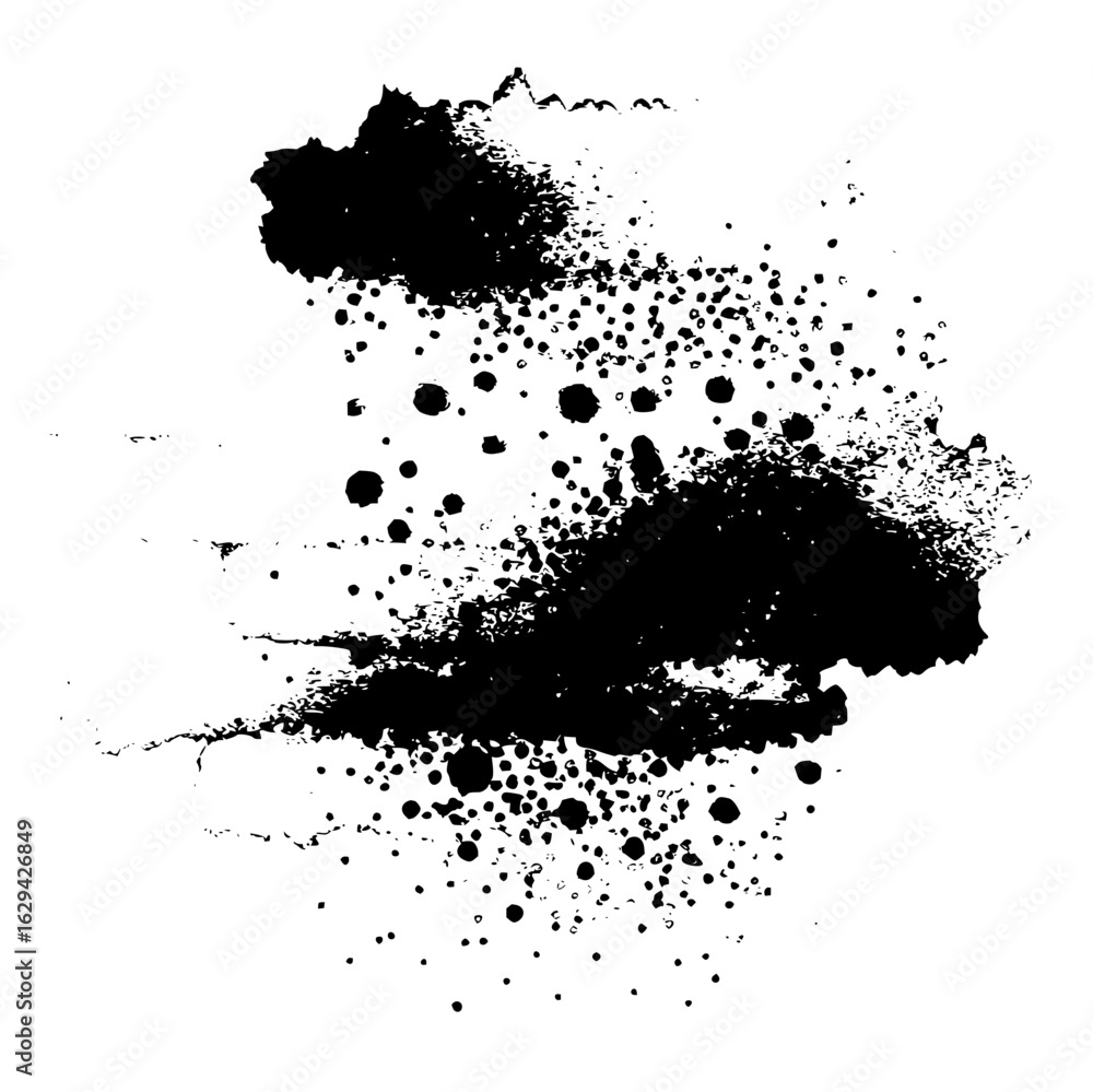 Poster abstract black ink splatter design with varying dot sizes and textures on a white background creatin