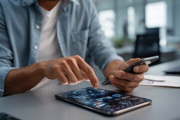 Man interacting with online virtual app using smartphone and tablet in a modern workspace setting during daytime