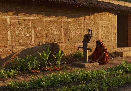 Woman in traditional attire draws water from a metal hand pump located in a lush village garden near a rustic mud brick wall.