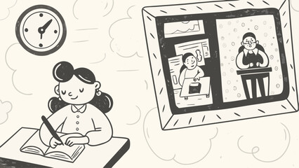 Illustration of a girl writing with clock and framed pictures of people in a dreamy cloud setting